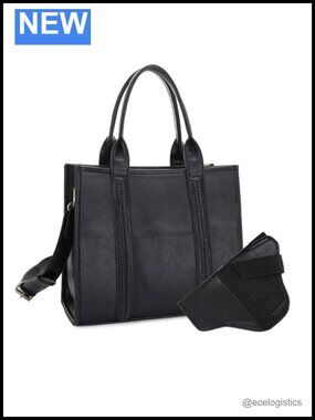 Faux Leather Tote Bag with Lockable Concealed Compartment, Detachable Crossbody